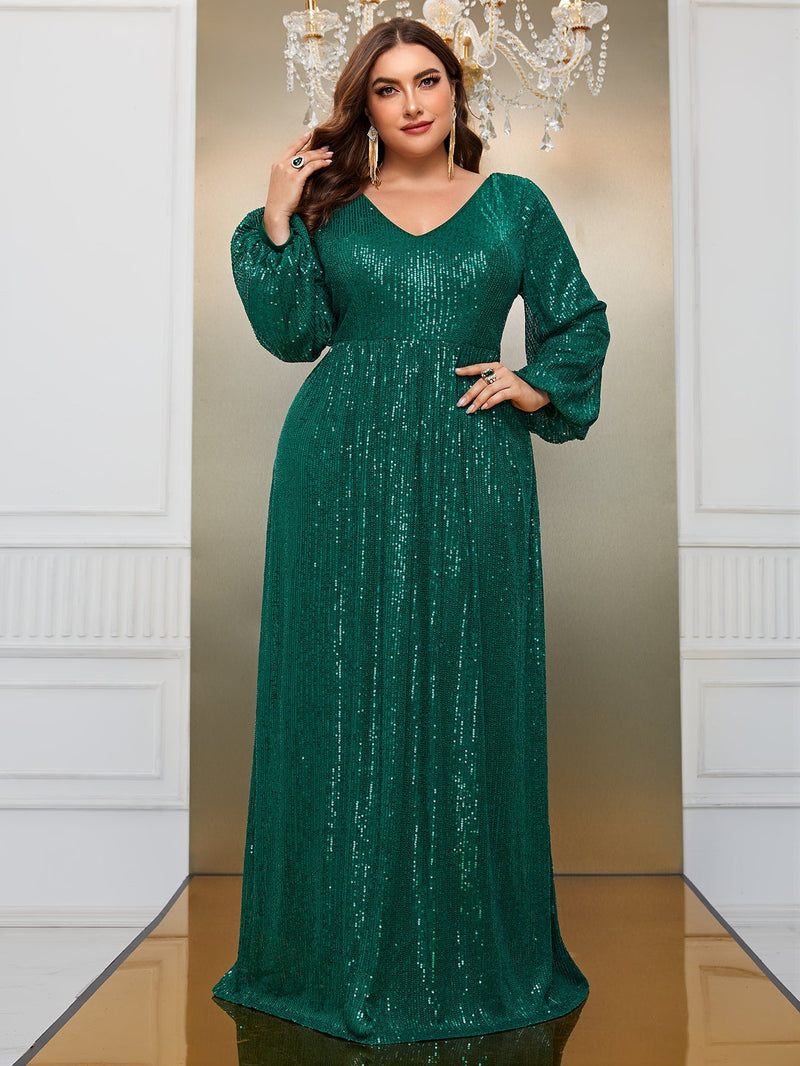 Yisikado Plus Lantern Sleeve Sequin Formal Dress-FMG690