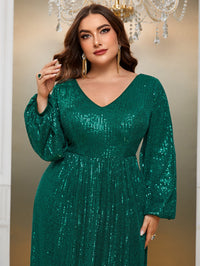 Yisikado Plus Lantern Sleeve Sequin Formal Dress-FMG690