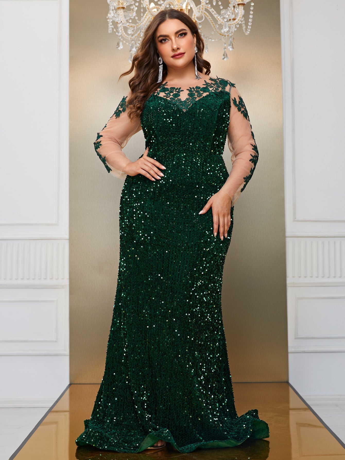 Style プレミア Yisikado Plus Contrast Mesh Sequin Formal Dress-FSST2087-2