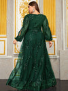 Women's Plus Size Sequin Flower Party Evening Dress Lantern Sleeve Cross V Neck Long Dress-FGLX20056-1