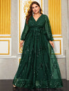 Women's Plus Size Sequin Flower Party Evening Dress Lantern Sleeve Cross V Neck Long Dress-FGLX20056-1