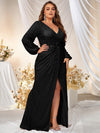 Plus Lantern Sleeve Wrap Hem Sequin Formal Dress-FMGT256-1