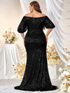 Plus Off Shoulder Ruched Sequin Formal Dress-FMGW462-1