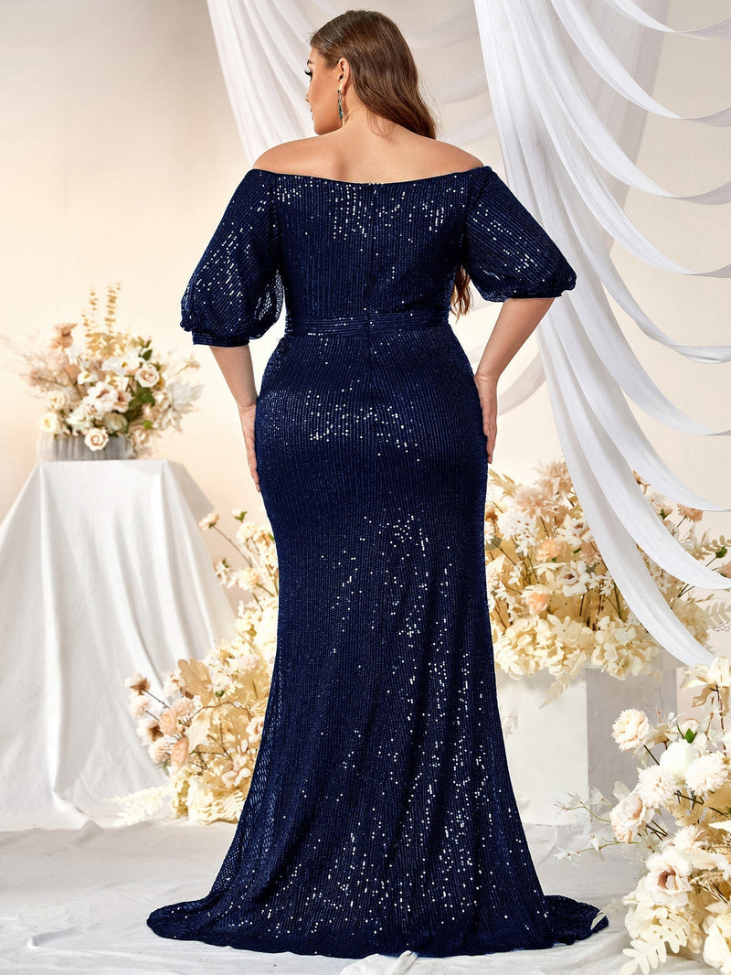 Plus Off Shoulder Ruched Sequin Formal Dress-FMGW462-4