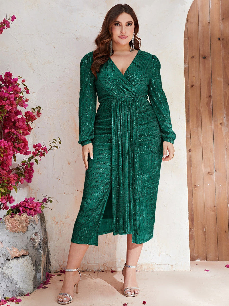 Plus Surplice Neck Puff Sleeve Draped Sequin Dress-FMGYY560-1