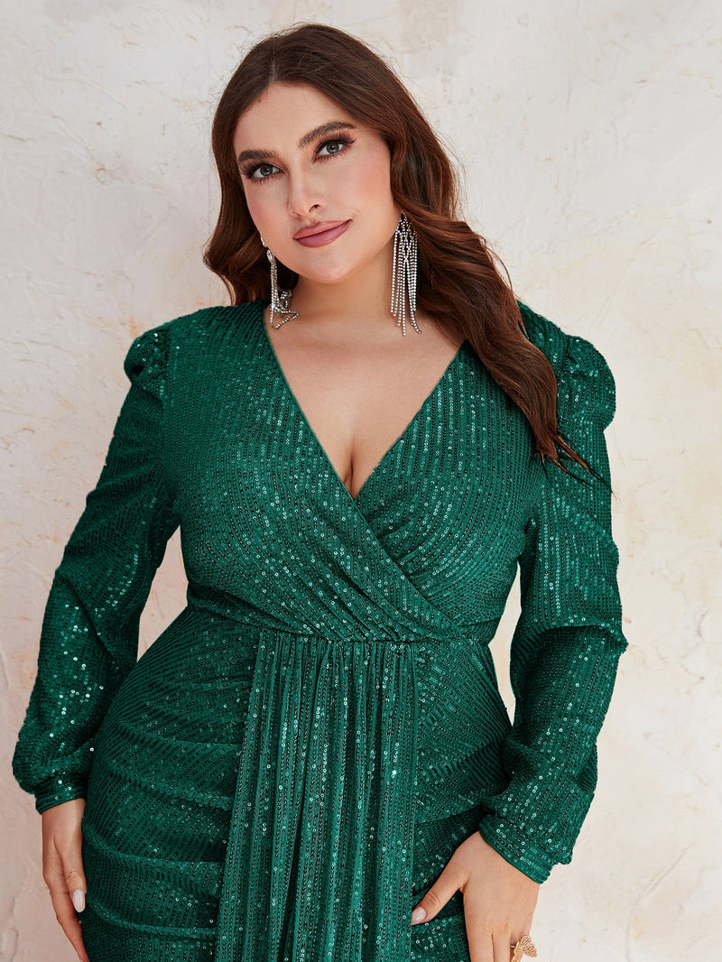 Plus Surplice Neck Puff Sleeve Draped Sequin Dress-FMGYY560-1