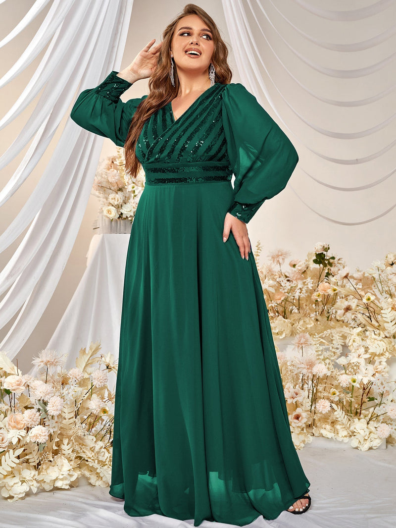 Plus Contrast Sequin Lantern Sleeve Chiffon Formal Dress-FPD019-4