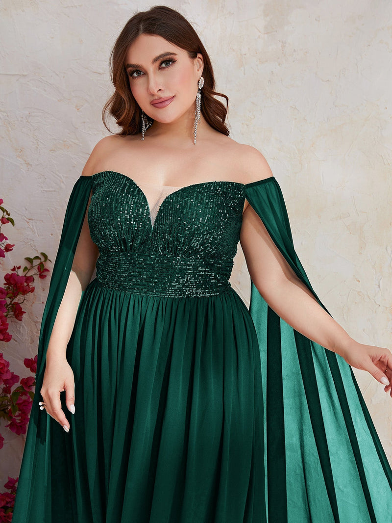 Yisikado Plus Off Shoulder Contrast Sequin Chiffon Formal Dress-FSSN061-1