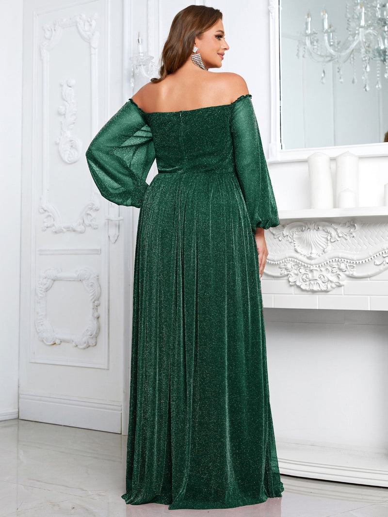 Yisikado Plus Off Shoulder Lantern Sleeve Glitter Dress-FSSN1213-1