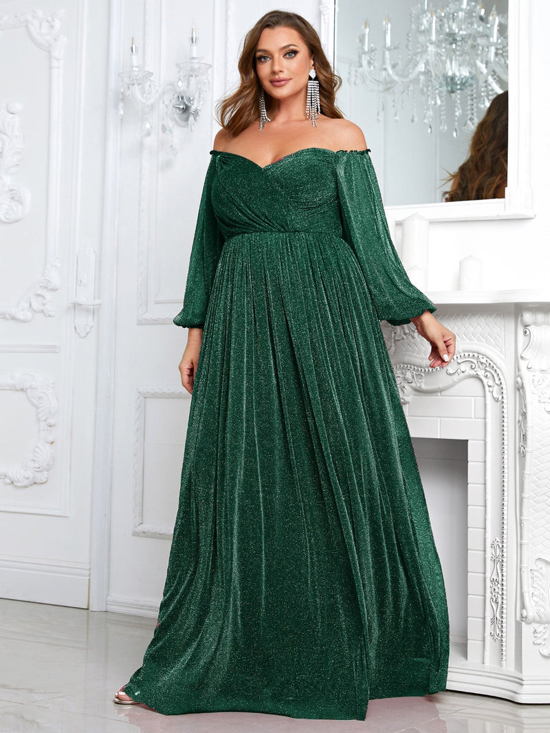 Yisikado Plus Off Shoulder Lantern Sleeve Glitter Dress-FSSN1213-1