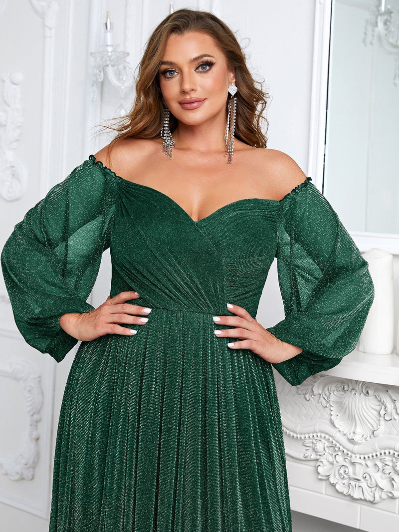 Yisikado Plus Off Shoulder Lantern Sleeve Glitter Dress-FSSN1213-1