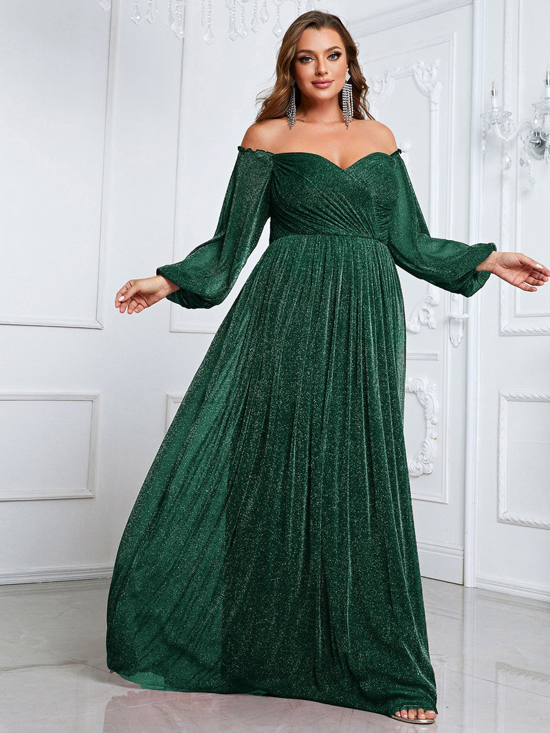 Yisikado Plus Off Shoulder Lantern Sleeve Glitter Dress-FSSN1213-1