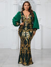 Yisikado Women's Plus Size Sparkly Patchwork Lantern Sleeve Waist Cape Party Evening Dress-FSST2085