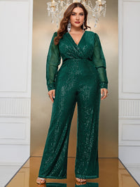 Yisikado Plus Surplice Neck Sequin Wide Leg Jumpsuit-FSSX9015-1