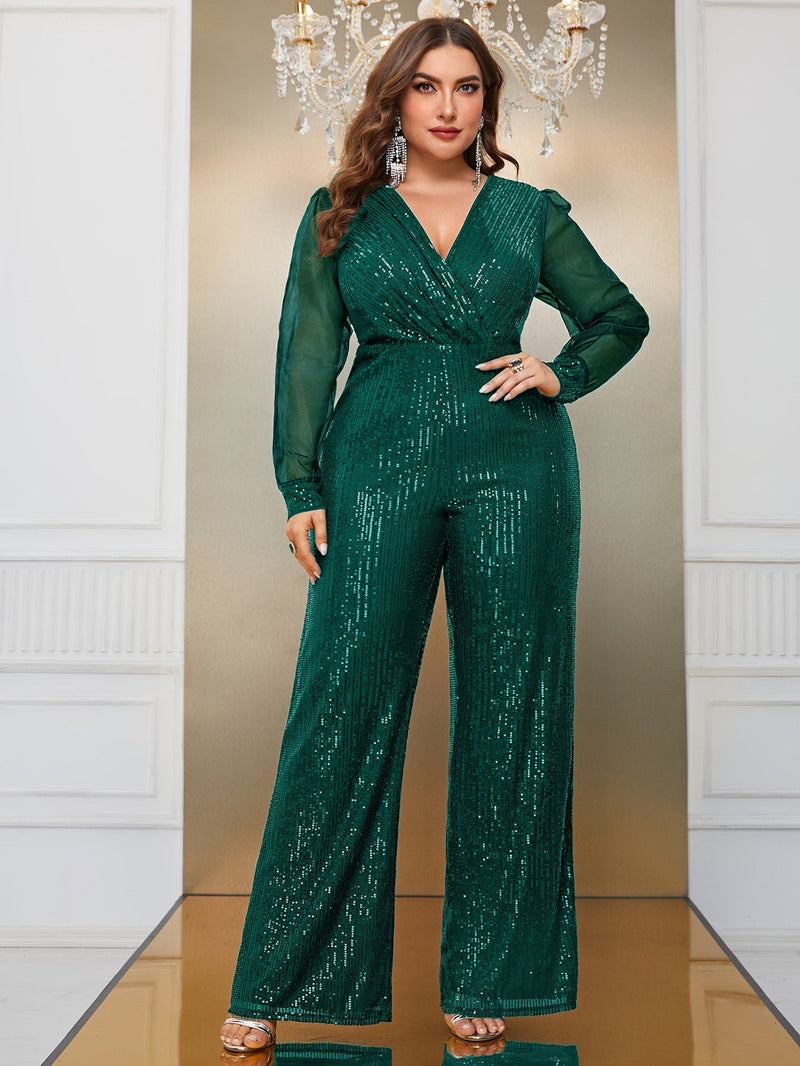 Yisikado Plus Surplice Neck Sequin Wide Leg Jumpsuit-FSSX9015-1