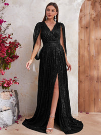 Surplice Neck Split Thigh Sequin Formal Dress-MGJ436-2