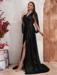 Surplice Neck Split Thigh Sequin Formal Dress-MGJ436-2