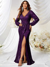 Lantern Sleeve Wrap Sequin Formal Dress-MGT256-5