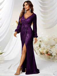 Lantern Sleeve Wrap Sequin Formal Dress-MGT256-5