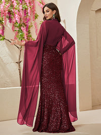 Yisikado Mock Neck Cloak Sleeve Sequin Formal Dress-MGT530-3