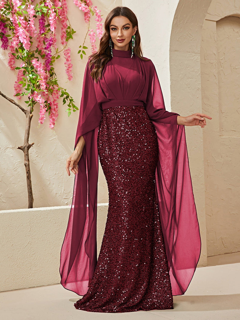 Yisikado Mock Neck Cloak Sleeve Sequin Formal Dress-MGT530-3