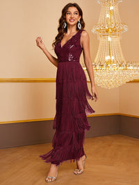 Yisikado Contrast Sequin Fringe Trim Formal Dress-MGT656-2