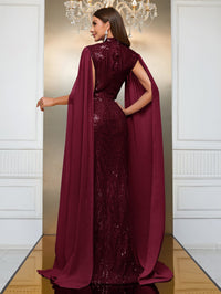 Yisikado Contrast Sequin Cloak Sleeve Floor Length Formal Dress-MGT790-2