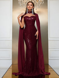 Yisikado Contrast Sequin Cloak Sleeve Floor Length Formal Dress-MGT790-2