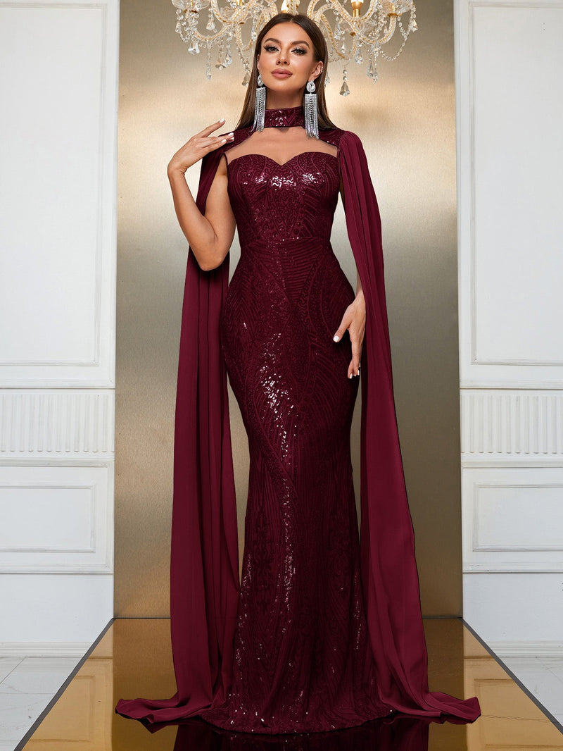 Yisikado Contrast Sequin Cloak Sleeve Floor Length Formal Dress-MGT790-2