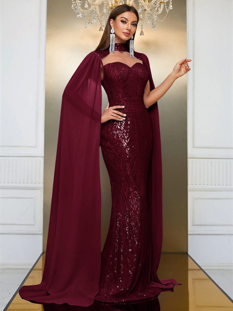 Yisikado Contrast Sequin Cloak Sleeve Floor Length Formal Dress-MGT790-2