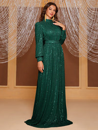 Yisikado Ladies Sequined Long Sleeve Turtleneck Evening Gown-MGT819-1