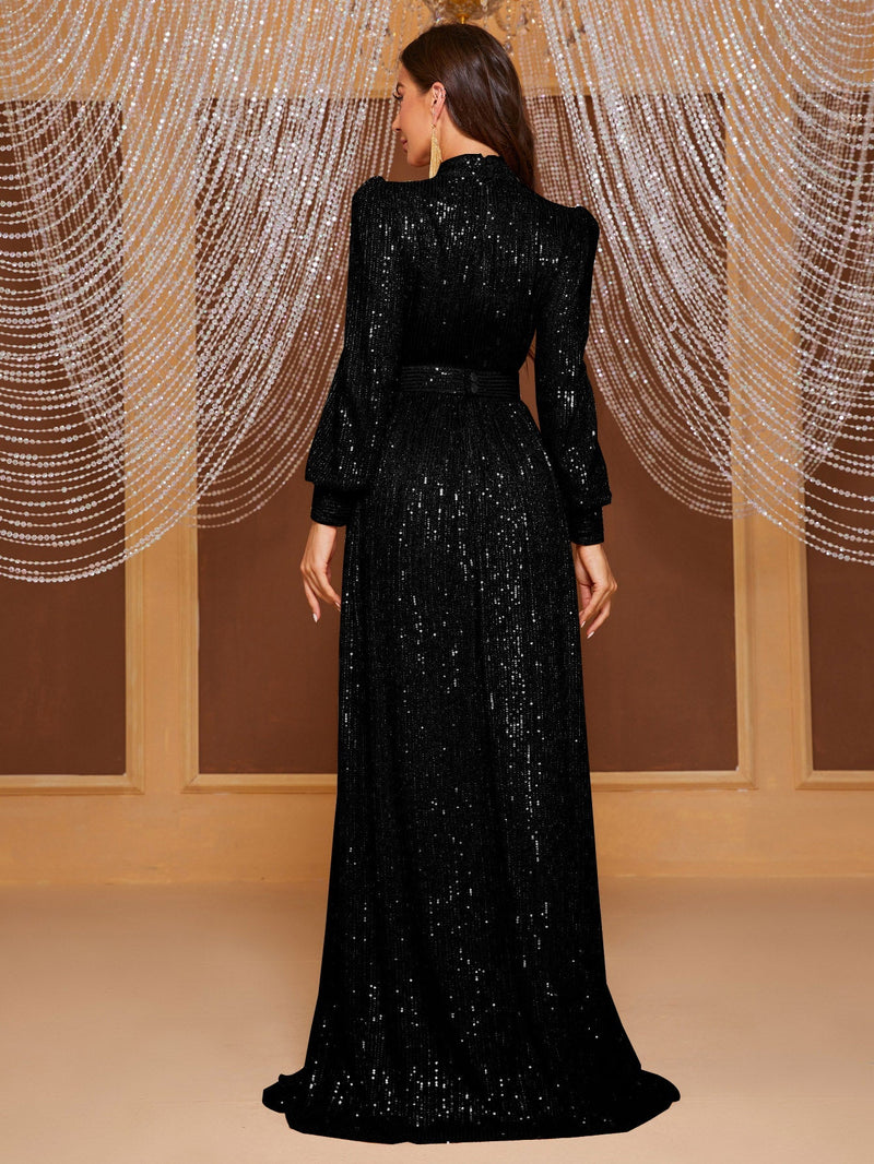 Yisikado Mock Neck Lantern Sleeve Sequin Formal Dress-MGT819-2