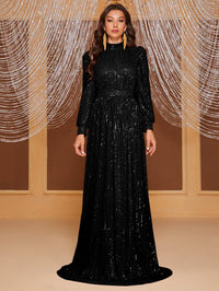 Yisikado Mock Neck Lantern Sleeve Sequin Formal Dress-MGT819-2