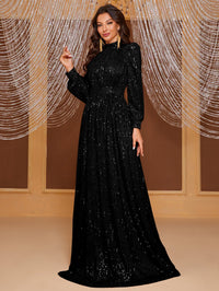 Yisikado Mock Neck Lantern Sleeve Sequin Formal Dress-MGT819-2