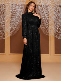 Yisikado Mock Neck Lantern Sleeve Sequin Formal Dress-MGT819-2