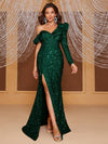 Yisikado Asymmetrical Neck Split Thigh Sequin Prom Dress-MGT894-2