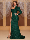 Yisikado Asymmetrical Neck Split Thigh Sequin Prom Dress-MGT894-2