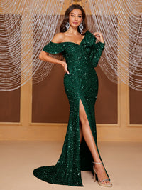 Yisikado Asymmetrical Neck Split Thigh Sequin Prom Dress-MGT894-2