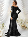 Yisikado Off Shoulder Draped Side Sequin Formal Dress-MGW480-1