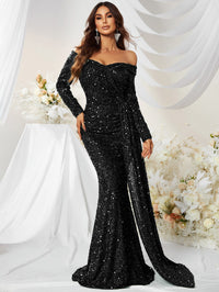 Yisikado Off Shoulder Draped Side Sequin Formal Dress-MGW480-1