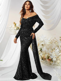 Yisikado Off Shoulder Draped Side Sequin Formal Dress-MGW480-1