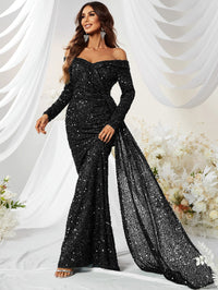 Yisikado Off Shoulder Draped Side Sequin Formal Dress-MGW480-1