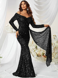 Yisikado Off Shoulder Draped Side Sequin Formal Dress-MGW480-1