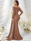 Yisikado Off Shoulder Draped Side Sequin Formal Dress-MGW480-3