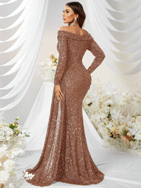 Yisikado Off Shoulder Draped Side Sequin Formal Dress-MGW480-3