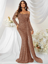 Yisikado Off Shoulder Draped Side Sequin Formal Dress-MGW480-3