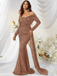 Yisikado Off Shoulder Draped Side Sequin Formal Dress-MGW480-3