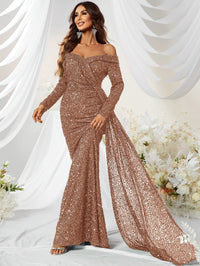 Yisikado Off Shoulder Draped Side Sequin Formal Dress-MGW480-3