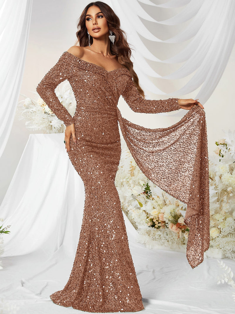 Yisikado Off Shoulder Draped Side Sequin Formal Dress-MGW480-3