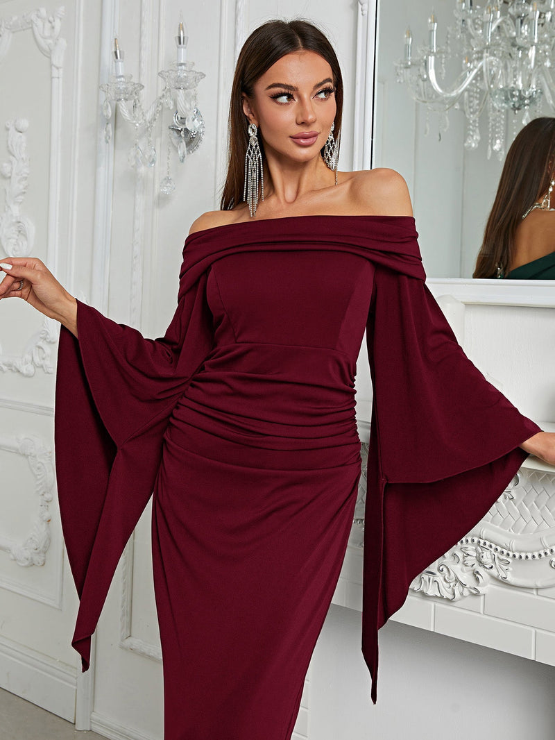 Yisikado Off Shoulder Flare Sleeve Ruched Side Formal Dress-MGX572-1